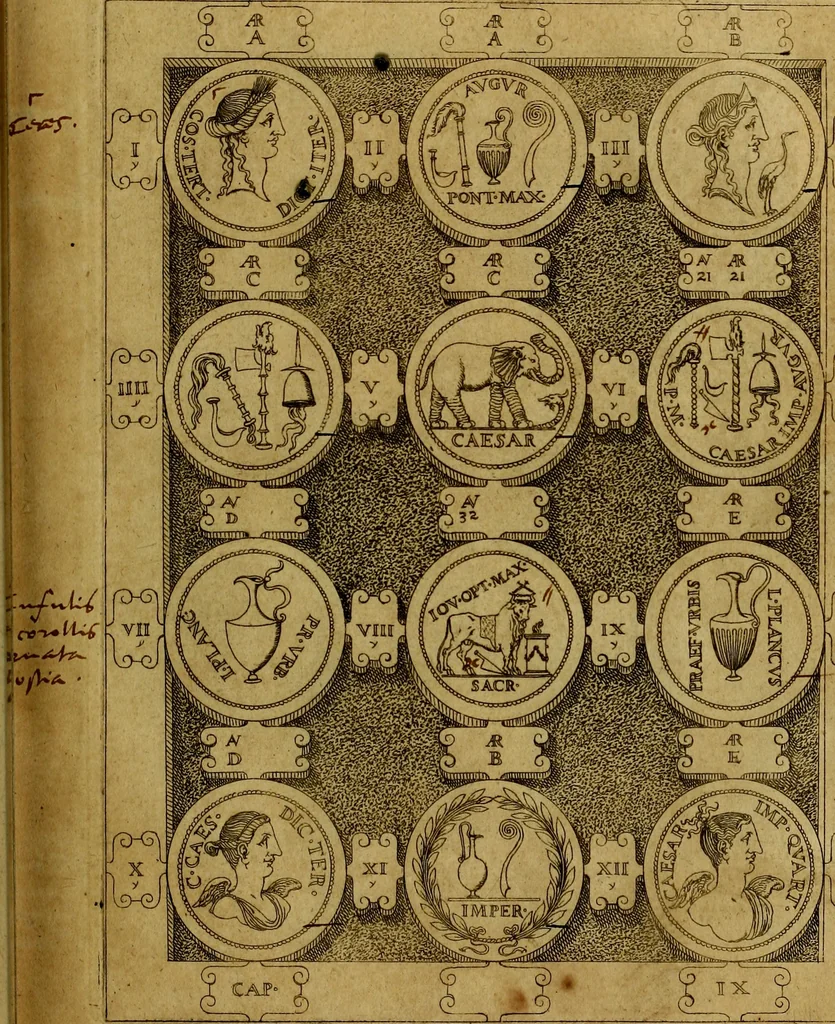 An illustration from C. Ivlivs Caesar : sive Historiae imperatorvm Caesarvmqve romanorvm ex antiqvis nvmismatibvs restitvtae liber primvs; accessit C. Ivlii Caesaris vita et res gestae, 1563, leaf 50