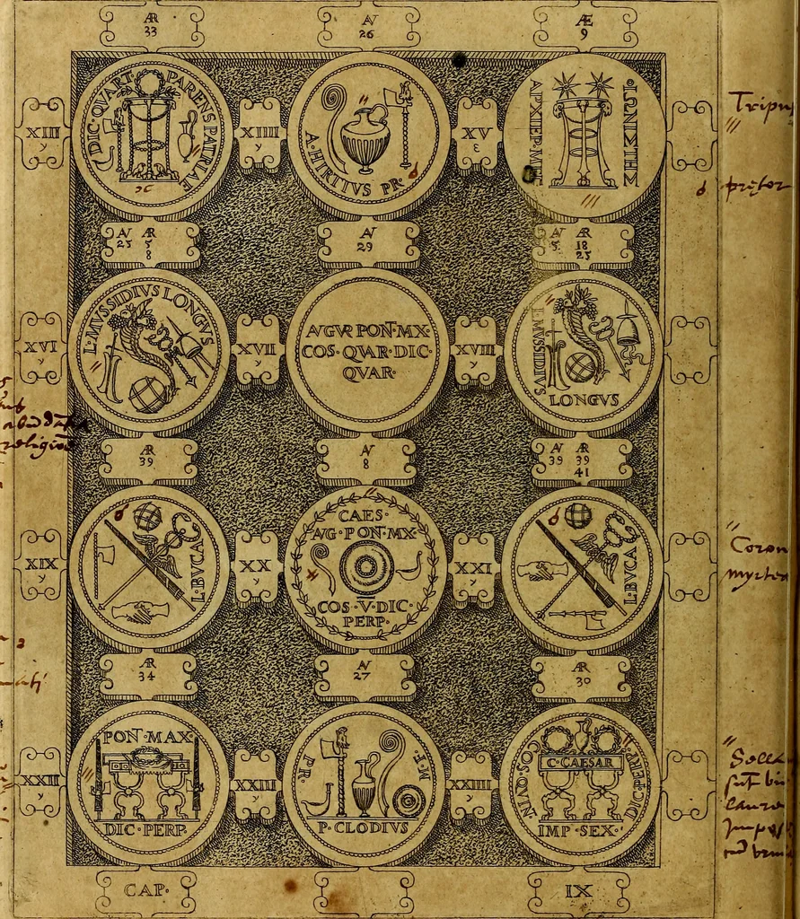 An illustration from C. Ivlivs Caesar : sive Historiae imperatorvm Caesarvmqve romanorvm ex antiqvis nvmismatibvs restitvtae liber primvs; accessit C. Ivlii Caesaris vita et res gestae, 1563, leaf 51