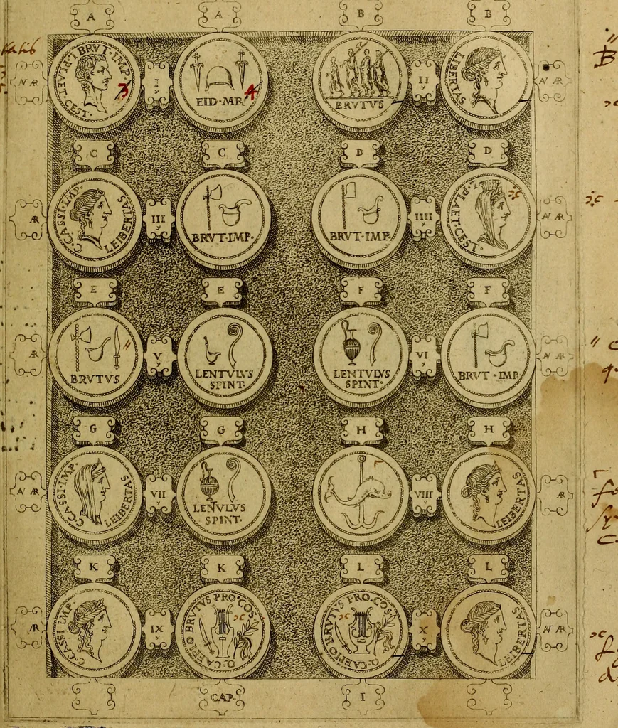 An illustration from C. Ivlivs Caesar : sive Historiae imperatorvm Caesarvmqve romanorvm ex antiqvis nvmismatibvs restitvtae liber primvs; accessit C. Ivlii Caesaris vita et res gestae, 1563, leaf 56
