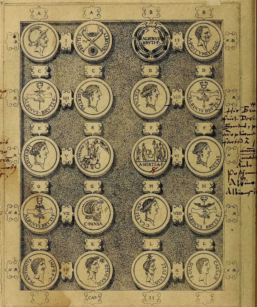 An illustration from C. Ivlivs Caesar : sive Historiae imperatorvm Caesarvmqve romanorvm ex antiqvis nvmismatibvs restitvtae liber primvs; accessit C. Ivlii Caesaris vita et res gestae, 1563, leaf 57