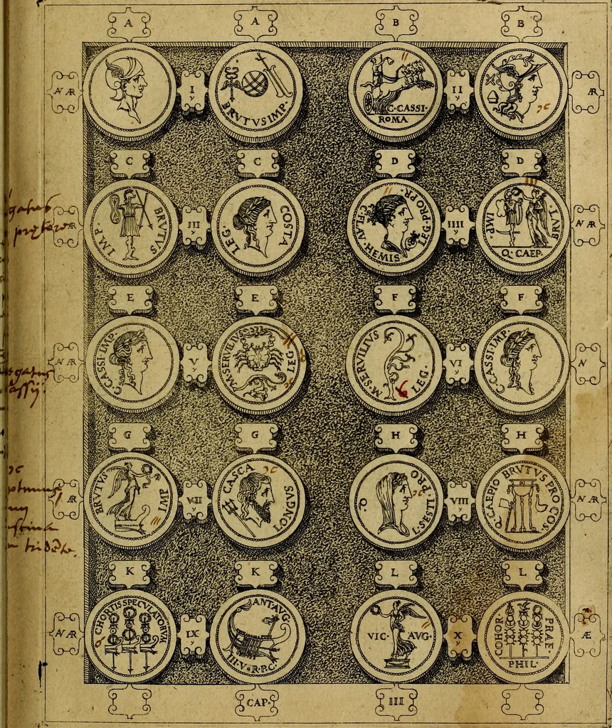 An illustration from C. Ivlivs Caesar : sive Historiae imperatorvm Caesarvmqve romanorvm ex antiqvis nvmismatibvs restitvtae liber primvs; accessit C. Ivlii Caesaris vita et res gestae, 1563, leaf 58