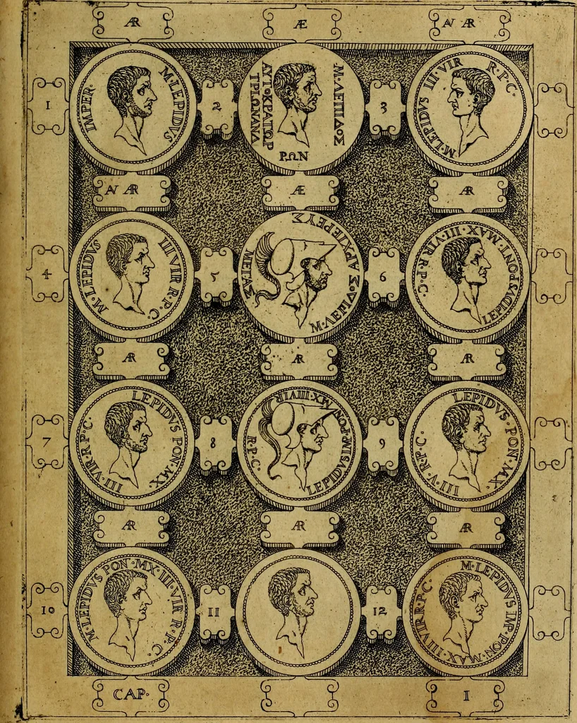 An illustration from C. Ivlivs Caesar : sive Historiae imperatorvm Caesarvmqve romanorvm ex antiqvis nvmismatibvs restitvtae liber primvs; accessit C. Ivlii Caesaris vita et res gestae, 1563, leaf 60