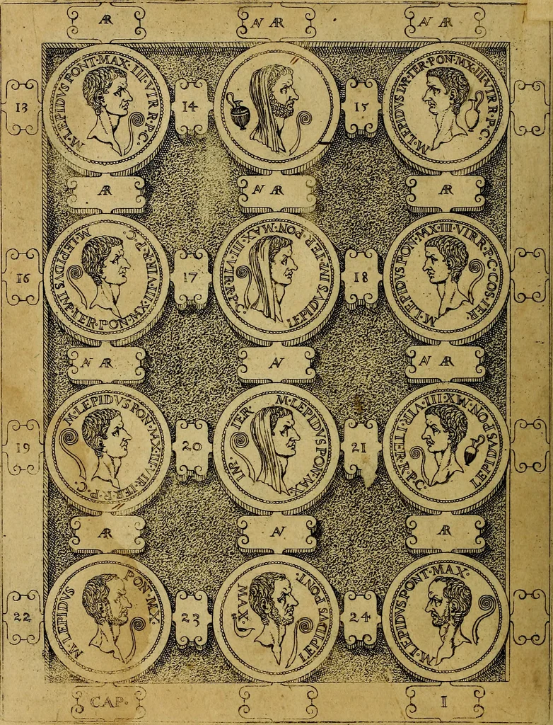 An illustration from C. Ivlivs Caesar : sive Historiae imperatorvm Caesarvmqve romanorvm ex antiqvis nvmismatibvs restitvtae liber primvs; accessit C. Ivlii Caesaris vita et res gestae, 1563, leaf 61