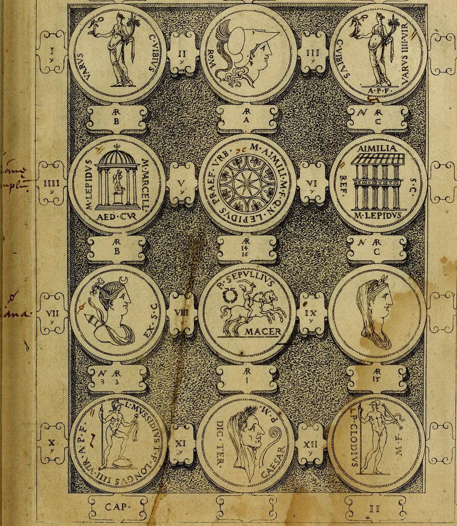An illustration from C. Ivlivs Caesar : sive Historiae imperatorvm Caesarvmqve romanorvm ex antiqvis nvmismatibvs restitvtae liber primvs; accessit C. Ivlii Caesaris vita et res gestae, 1563, leaf 64