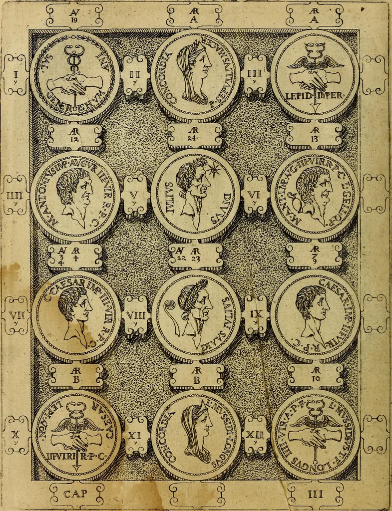 An illustration from C. Ivlivs Caesar : sive Historiae imperatorvm Caesarvmqve romanorvm ex antiqvis nvmismatibvs restitvtae liber primvs; accessit C. Ivlii Caesaris vita et res gestae, 1563, leaf 65