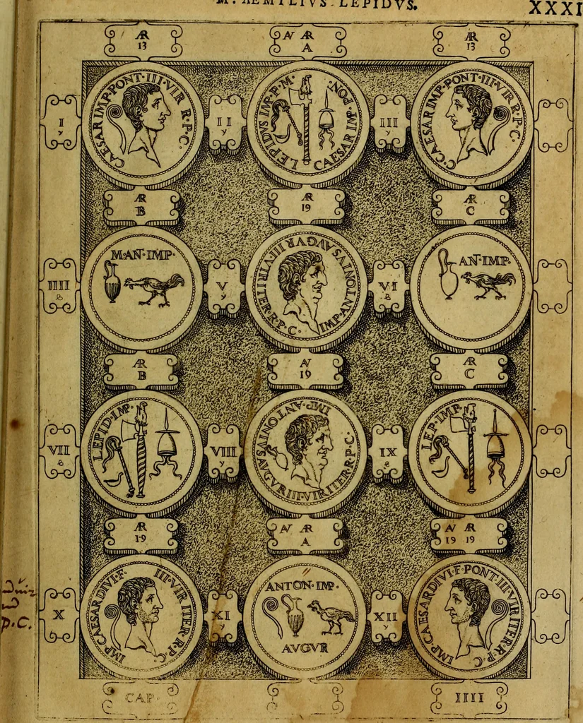 An illustration from C. Ivlivs Caesar : sive Historiae imperatorvm Caesarvmqve romanorvm ex antiqvis nvmismatibvs restitvtae liber primvs; accessit C. Ivlii Caesaris vita et res gestae, 1563, leaf 66