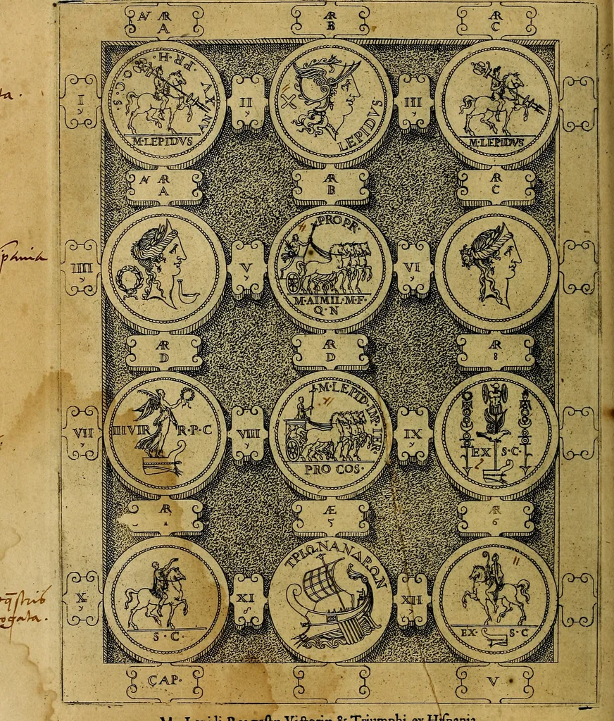 An illustration from C. Ivlivs Caesar : sive Historiae imperatorvm Caesarvmqve romanorvm ex antiqvis nvmismatibvs restitvtae liber primvs; accessit C. Ivlii Caesaris vita et res gestae, 1563, leaf 67