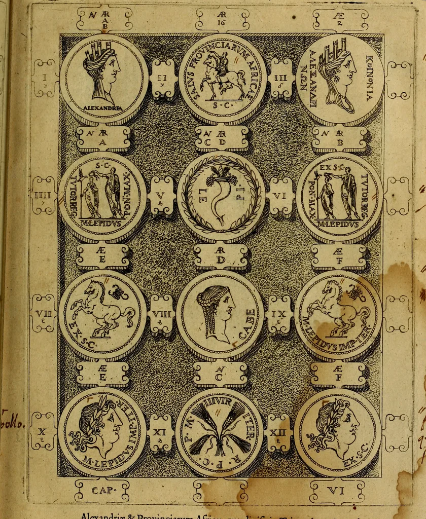 An illustration from C. Ivlivs Caesar : sive Historiae imperatorvm Caesarvmqve romanorvm ex antiqvis nvmismatibvs restitvtae liber primvs; accessit C. Ivlii Caesaris vita et res gestae, 1563, leaf 68