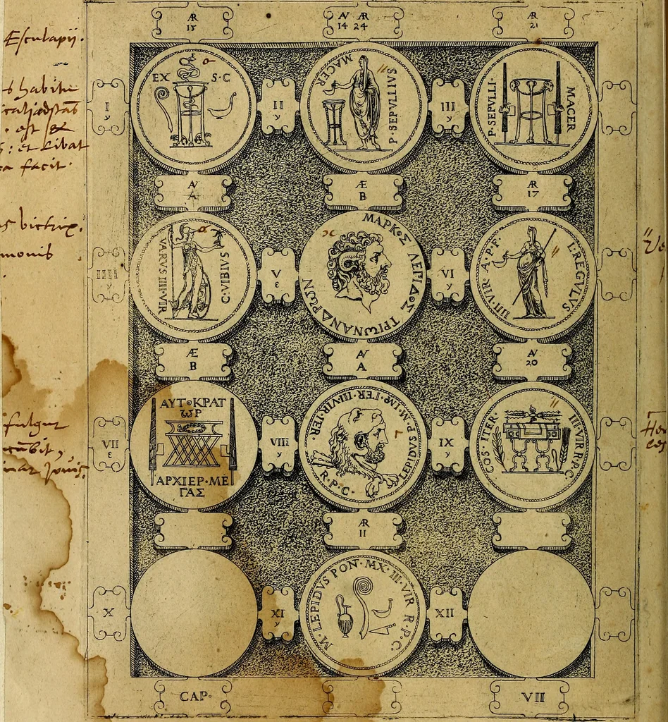 An illustration from C. Ivlivs Caesar : sive Historiae imperatorvm Caesarvmqve romanorvm ex antiqvis nvmismatibvs restitvtae liber primvs; accessit C. Ivlii Caesaris vita et res gestae, 1563, leaf 69