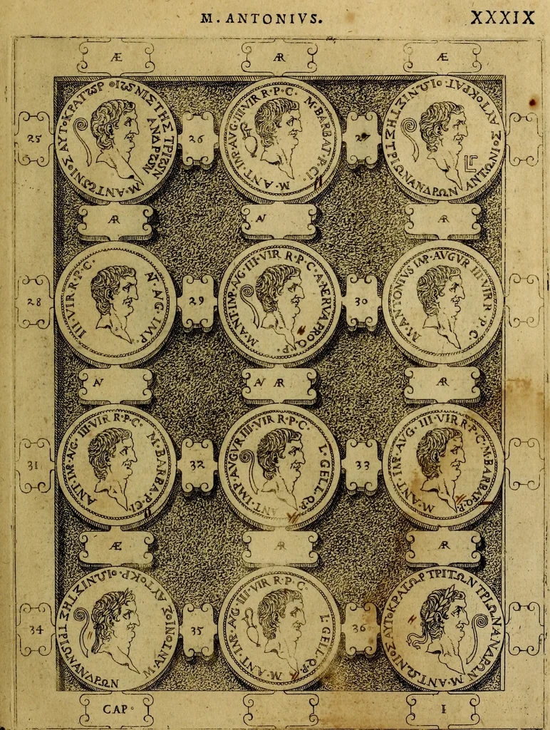An illustration from C. Ivlivs Caesar : sive Historiae imperatorvm Caesarvmqve romanorvm ex antiqvis nvmismatibvs restitvtae liber primvs; accessit C. Ivlii Caesaris vita et res gestae, 1563, leaf 74