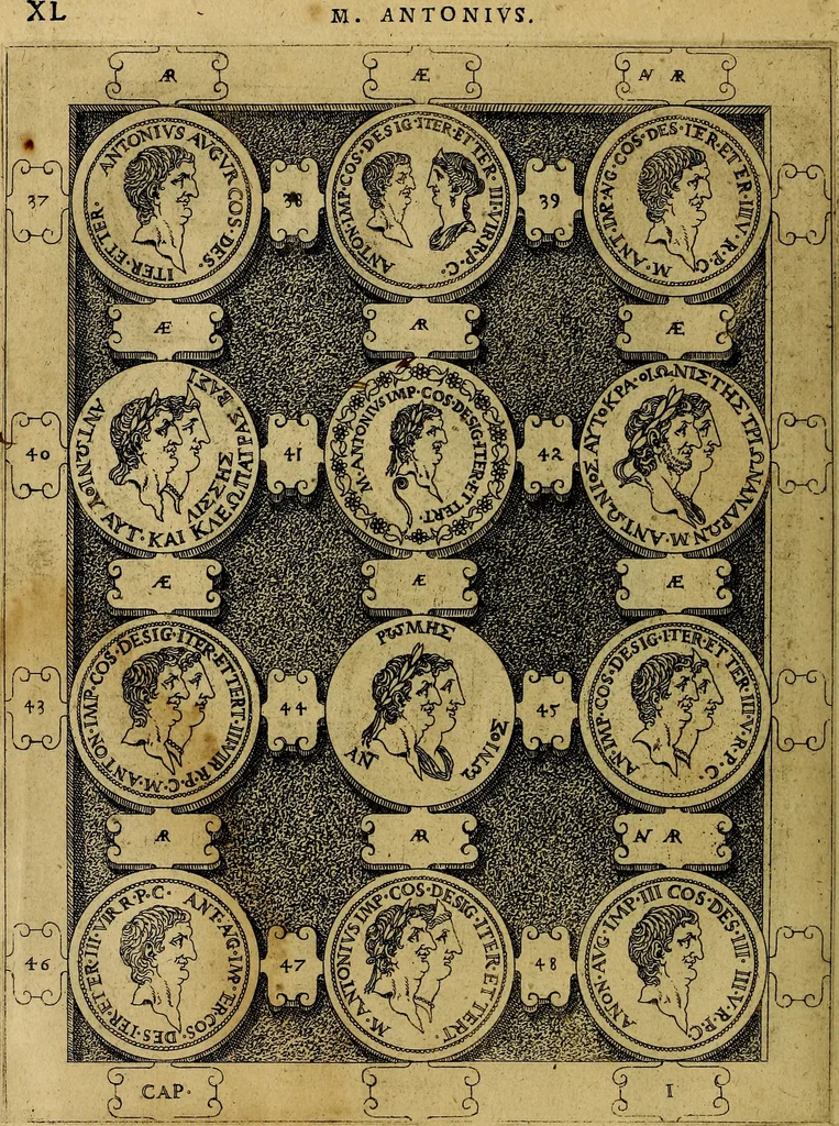 An illustration from C. Ivlivs Caesar : sive Historiae imperatorvm Caesarvmqve romanorvm ex antiqvis nvmismatibvs restitvtae liber primvs; accessit C. Ivlii Caesaris vita et res gestae, 1563, leaf 75
