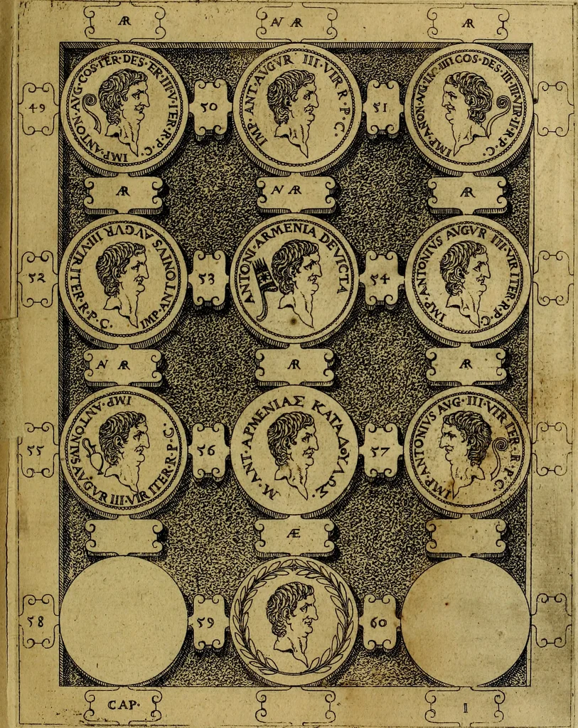 An illustration from C. Ivlivs Caesar : sive Historiae imperatorvm Caesarvmqve romanorvm ex antiqvis nvmismatibvs restitvtae liber primvs; accessit C. Ivlii Caesaris vita et res gestae, 1563, leaf 76