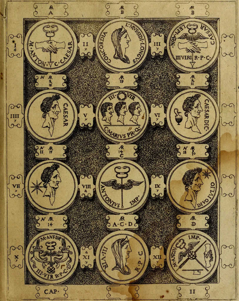 An illustration from C. Ivlivs Caesar : sive Historiae imperatorvm Caesarvmqve romanorvm ex antiqvis nvmismatibvs restitvtae liber primvs; accessit C. Ivlii Caesaris vita et res gestae, 1563, leaf 78