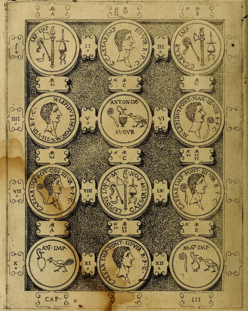An illustration from C. Ivlivs Caesar : sive Historiae imperatorvm Caesarvmqve romanorvm ex antiqvis nvmismatibvs restitvtae liber primvs; accessit C. Ivlii Caesaris vita et res gestae, 1563, leaf 79