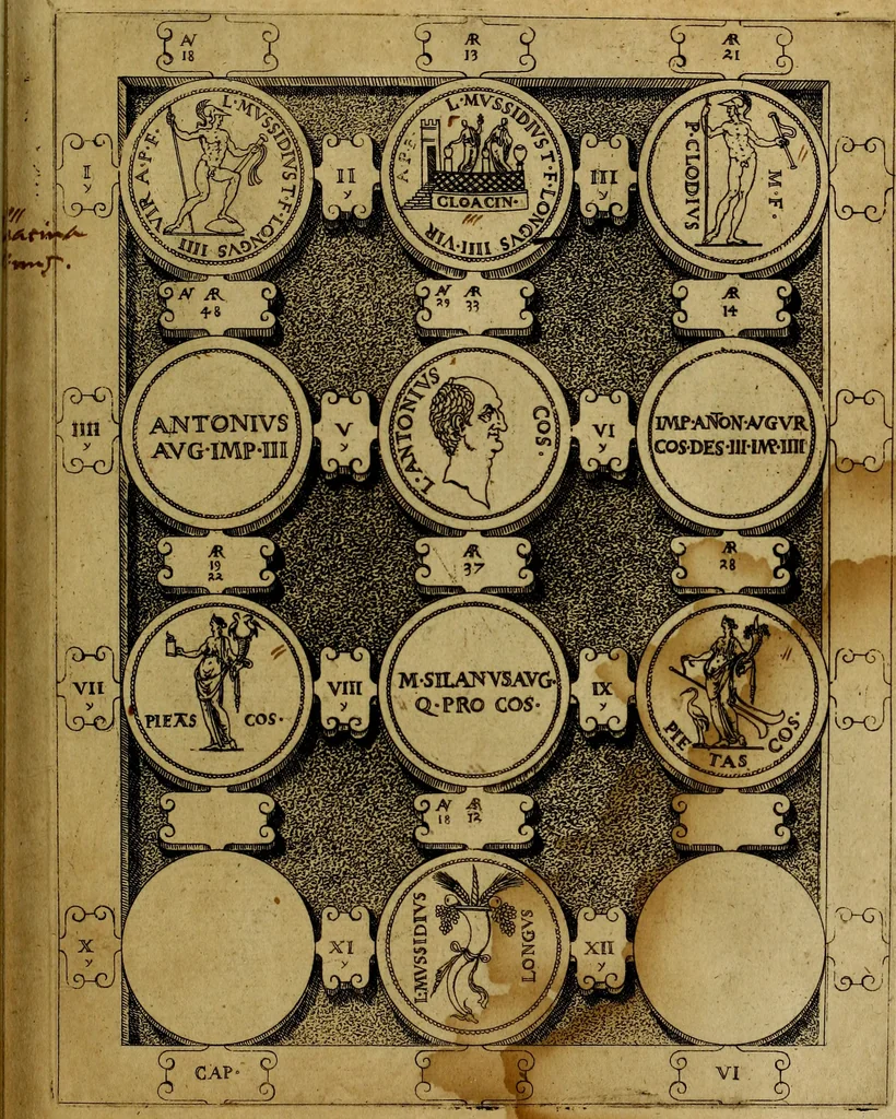 An illustration from C. Ivlivs Caesar : sive Historiae imperatorvm Caesarvmqve romanorvm ex antiqvis nvmismatibvs restitvtae liber primvs; accessit C. Ivlii Caesaris vita et res gestae, 1563, leaf 82