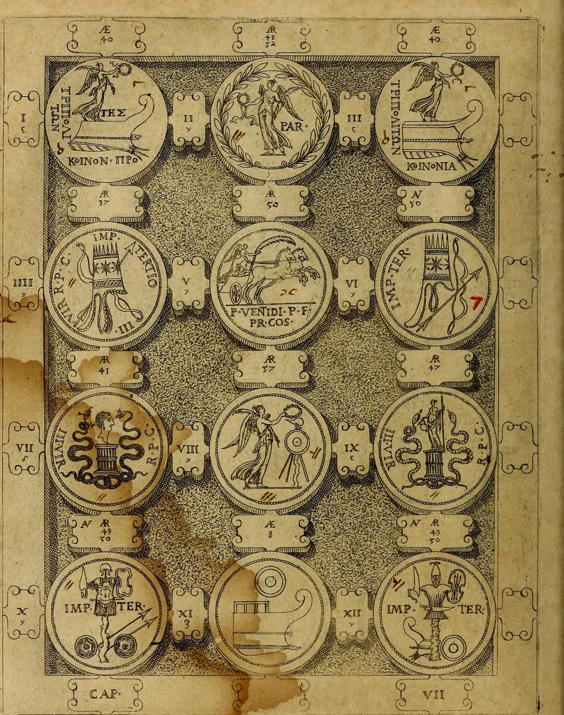 An illustration from C. Ivlivs Caesar : sive Historiae imperatorvm Caesarvmqve romanorvm ex antiqvis nvmismatibvs restitvtae liber primvs; accessit C. Ivlii Caesaris vita et res gestae, 1563, leaf 83