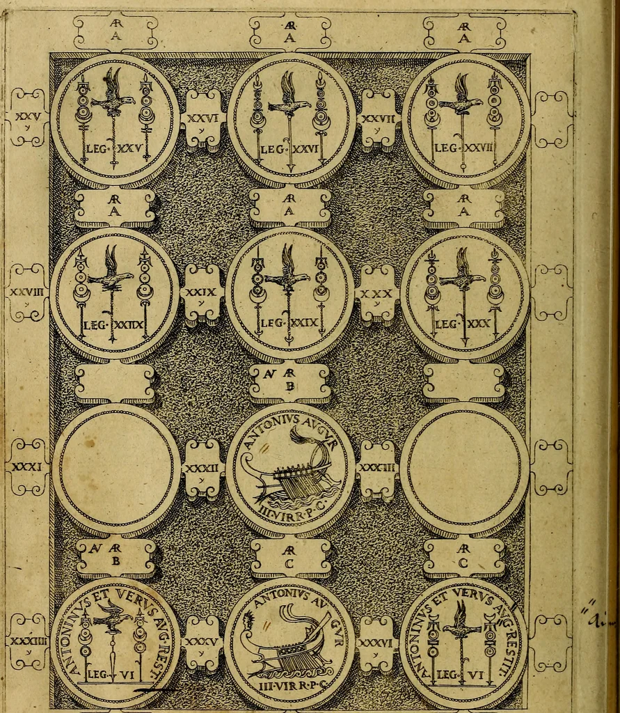 An illustration from C. Ivlivs Caesar : sive Historiae imperatorvm Caesarvmqve romanorvm ex antiqvis nvmismatibvs restitvtae liber primvs; accessit C. Ivlii Caesaris vita et res gestae, 1563, leaf 87