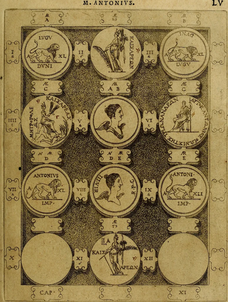 An illustration from C. Ivlivs Caesar : sive Historiae imperatorvm Caesarvmqve romanorvm ex antiqvis nvmismatibvs restitvtae liber primvs; accessit C. Ivlii Caesaris vita et res gestae, 1563, leaf 90