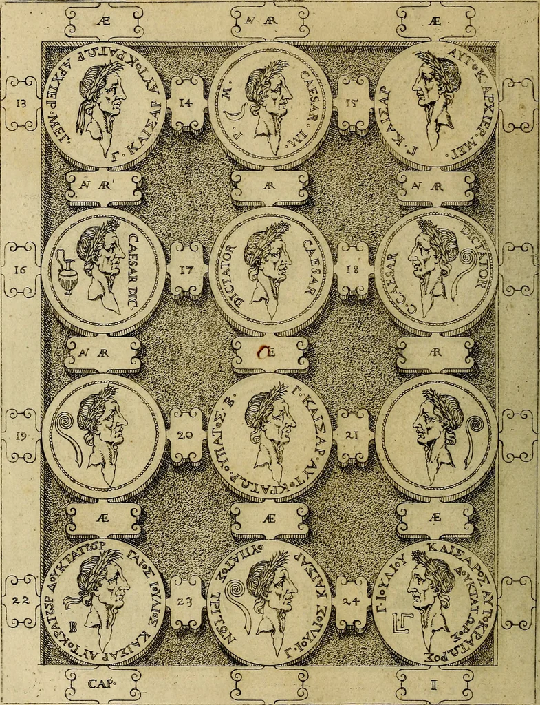 An illustration from C. Ivlivs Caesar : sive Historiae imperatorvm Caesarvmqve romanorvm ex antiqvis nvmismatibvs restitvtae liber primvs; accessit C. Ivlii Caesaris vita et res gestae, 1563, leaf 37