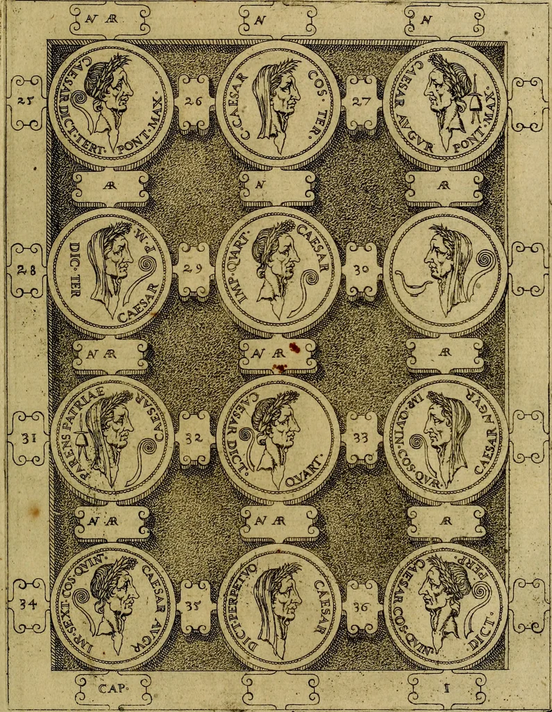 An illustration from C. Ivlivs Caesar : sive Historiae imperatorvm Caesarvmqve romanorvm ex antiqvis nvmismatibvs restitvtae liber primvs; accessit C. Ivlii Caesaris vita et res gestae, 1563, leaf 38