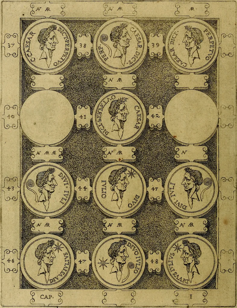 An illustration from C. Ivlivs Caesar : sive Historiae imperatorvm Caesarvmqve romanorvm ex antiqvis nvmismatibvs restitvtae liber primvs; accessit C. Ivlii Caesaris vita et res gestae, 1563, leaf 39