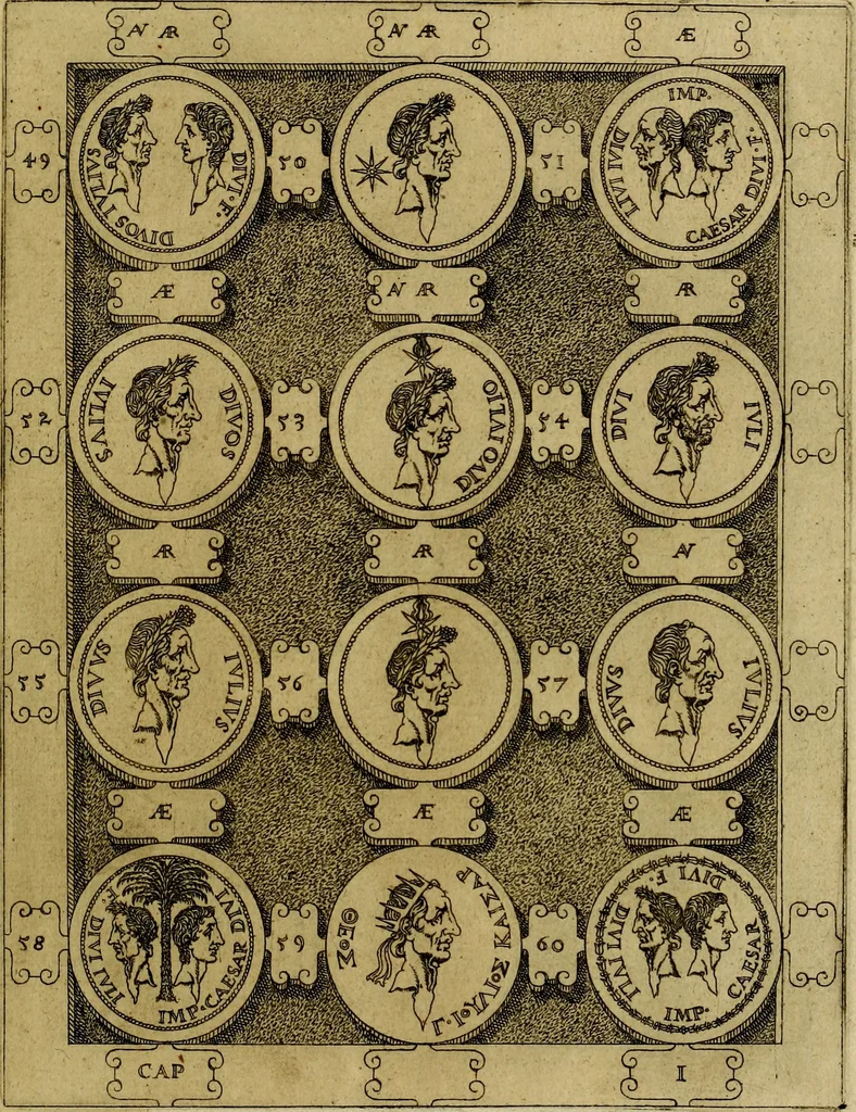 An illustration from C. Ivlivs Caesar : sive Historiae imperatorvm Caesarvmqve romanorvm ex antiqvis nvmismatibvs restitvtae liber primvs; accessit C. Ivlii Caesaris vita et res gestae, 1563, leaf 40