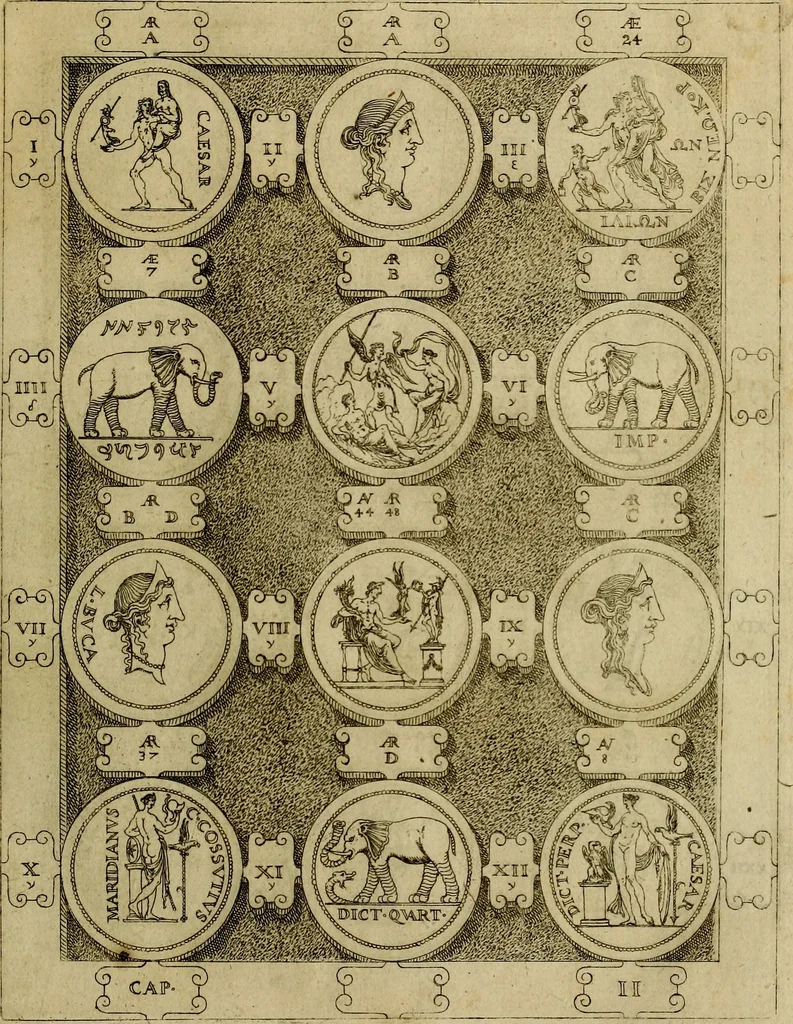 An illustration from C. Ivlivs Caesar : sive Historiae imperatorvm Caesarvmqve romanorvm ex antiqvis nvmismatibvs restitvtae liber primvs; accessit C. Ivlii Caesaris vita et res gestae, 1563, leaf 42