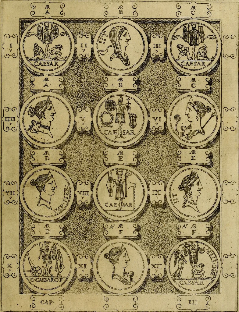 An illustration from C. Ivlivs Caesar : sive Historiae imperatorvm Caesarvmqve romanorvm ex antiqvis nvmismatibvs restitvtae liber primvs; accessit C. Ivlii Caesaris vita et res gestae, 1563, leaf 44