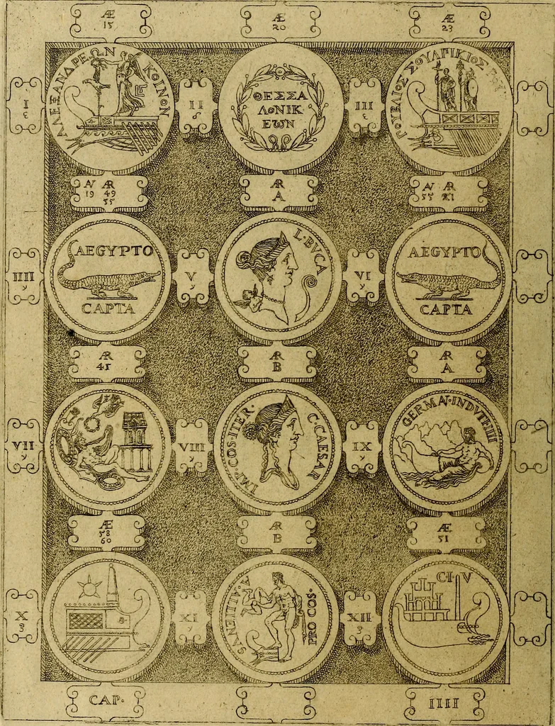 An illustration from C. Ivlivs Caesar : sive Historiae imperatorvm Caesarvmqve romanorvm ex antiqvis nvmismatibvs restitvtae liber primvs; accessit C. Ivlii Caesaris vita et res gestae, 1563, leaf 45