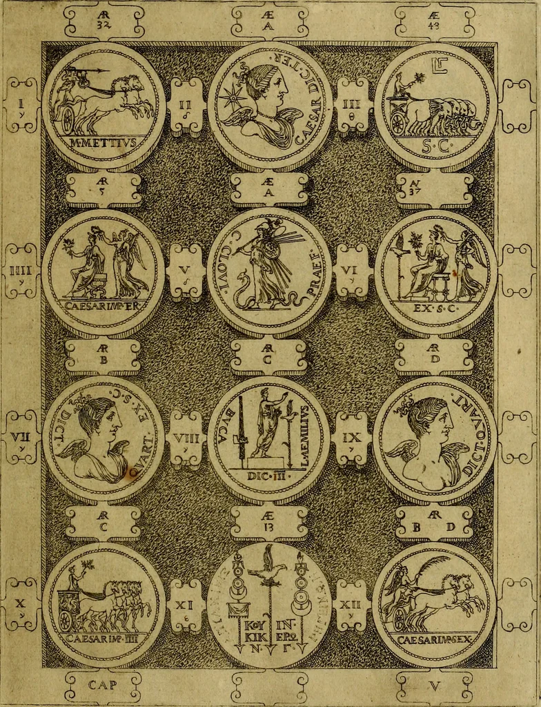 An illustration from C. Ivlivs Caesar : sive Historiae imperatorvm Caesarvmqve romanorvm ex antiqvis nvmismatibvs restitvtae liber primvs; accessit C. Ivlii Caesaris vita et res gestae, 1563, leaf 46