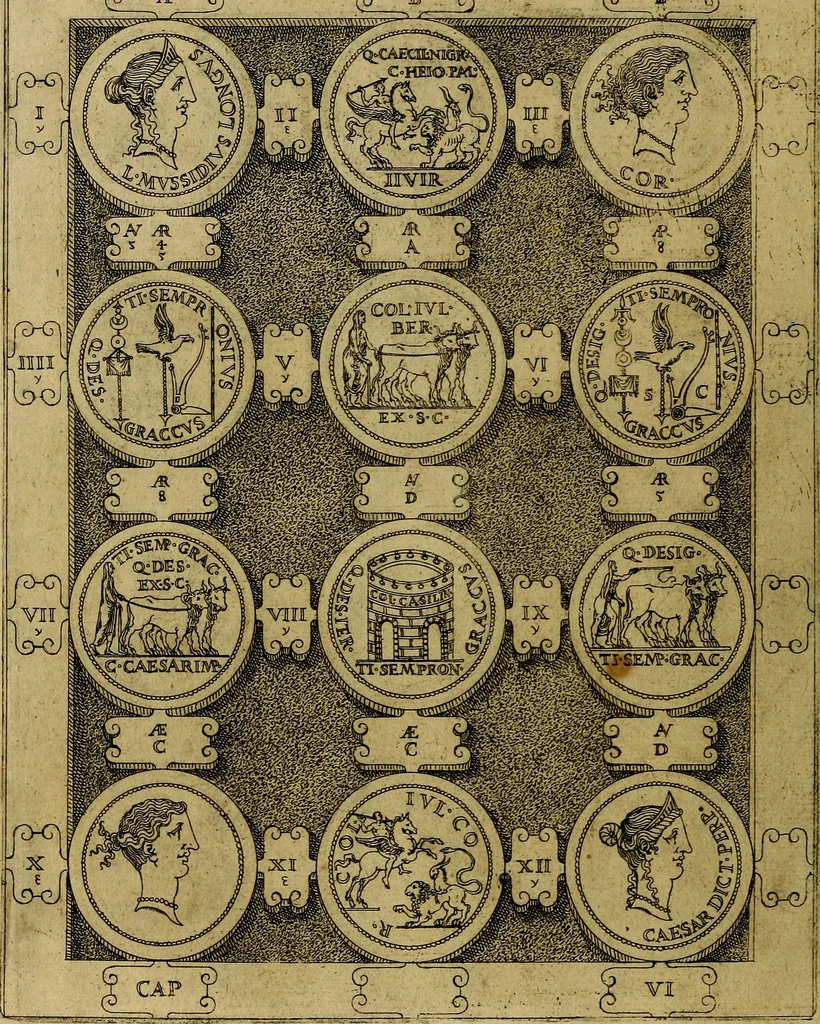 An illustration from C. Ivlivs Caesar : sive Historiae imperatorvm Caesarvmqve romanorvm ex antiqvis nvmismatibvs restitvtae liber primvs; accessit C. Ivlii Caesaris vita et res gestae, 1563, leaf 47