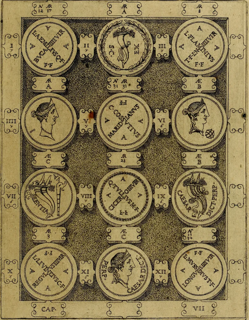 An illustration from C. Ivlivs Caesar : sive Historiae imperatorvm Caesarvmqve romanorvm ex antiqvis nvmismatibvs restitvtae liber primvs; accessit C. Ivlii Caesaris vita et res gestae, 1563, leaf 48