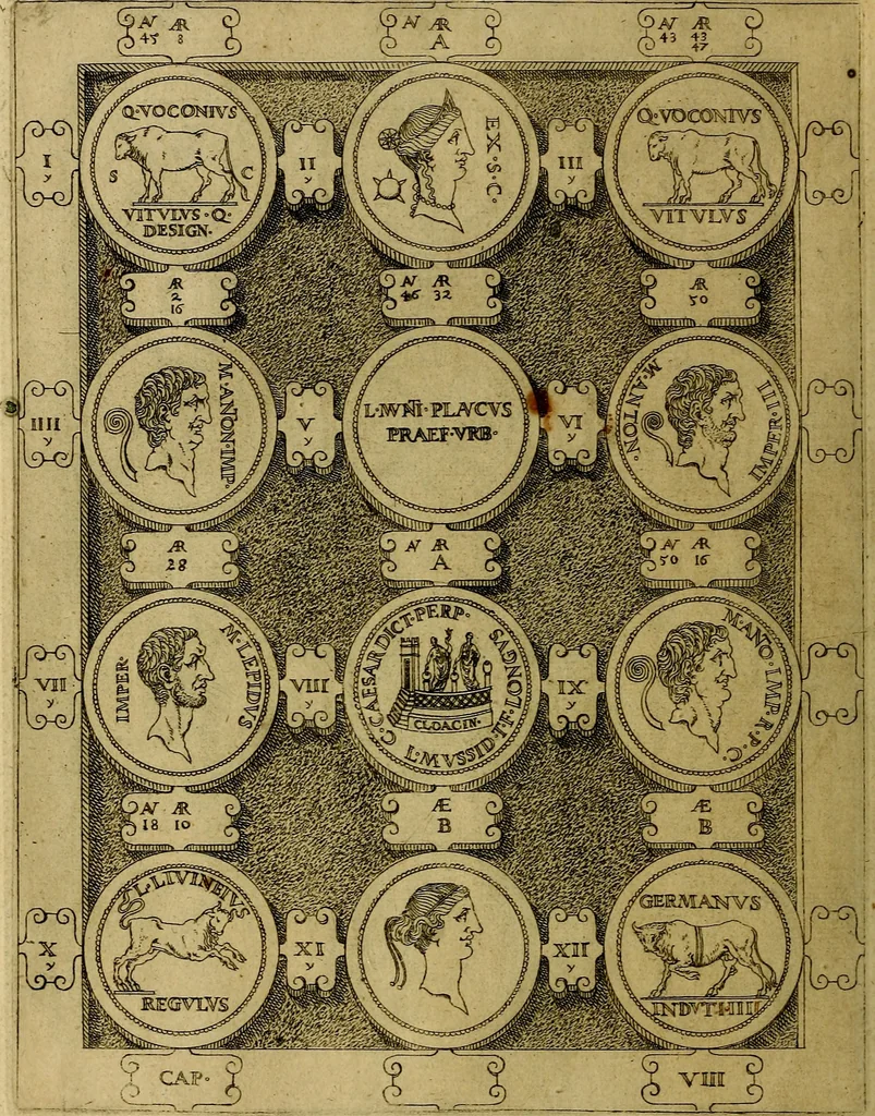 An illustration from C. Ivlivs Caesar : sive Historiae imperatorvm Caesarvmqve romanorvm ex antiqvis nvmismatibvs restitvtae liber primvs; accessit C. Ivlii Caesaris vita et res gestae, 1563, leaf 49