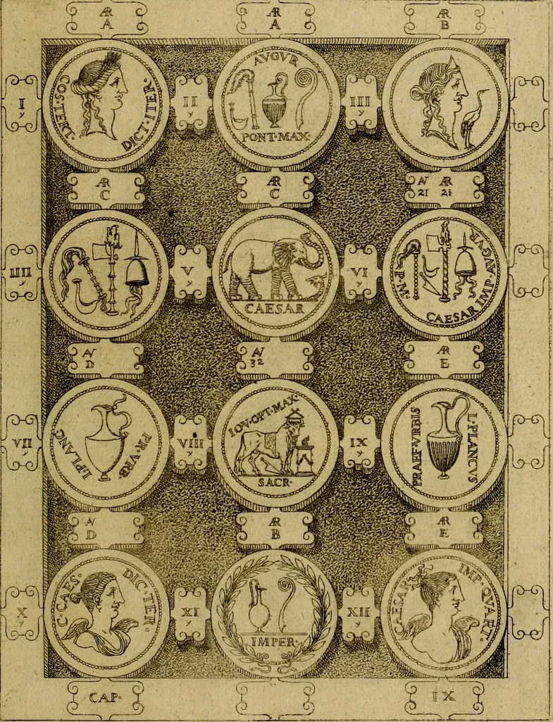 An illustration from C. Ivlivs Caesar : sive Historiae imperatorvm Caesarvmqve romanorvm ex antiqvis nvmismatibvs restitvtae liber primvs; accessit C. Ivlii Caesaris vita et res gestae, 1563, leaf 50
