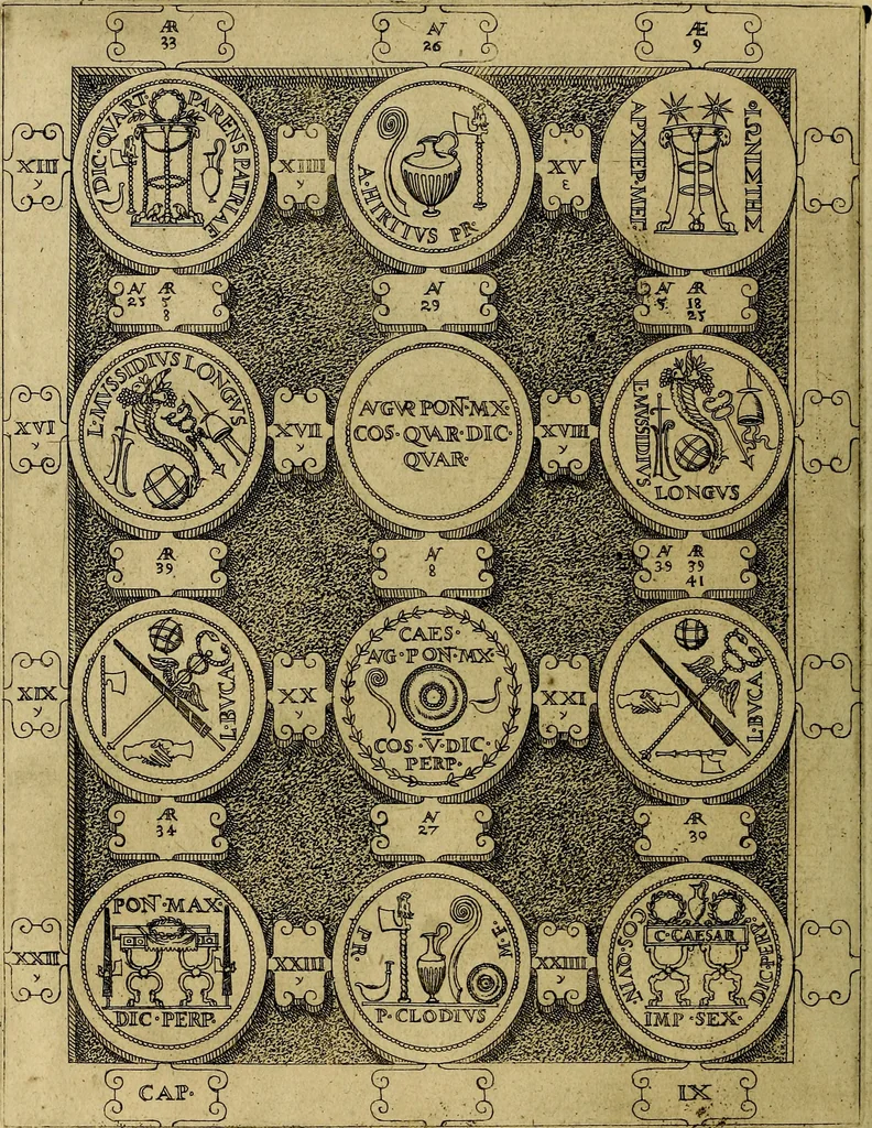 An illustration from C. Ivlivs Caesar : sive Historiae imperatorvm Caesarvmqve romanorvm ex antiqvis nvmismatibvs restitvtae liber primvs; accessit C. Ivlii Caesaris vita et res gestae, 1563, leaf 51