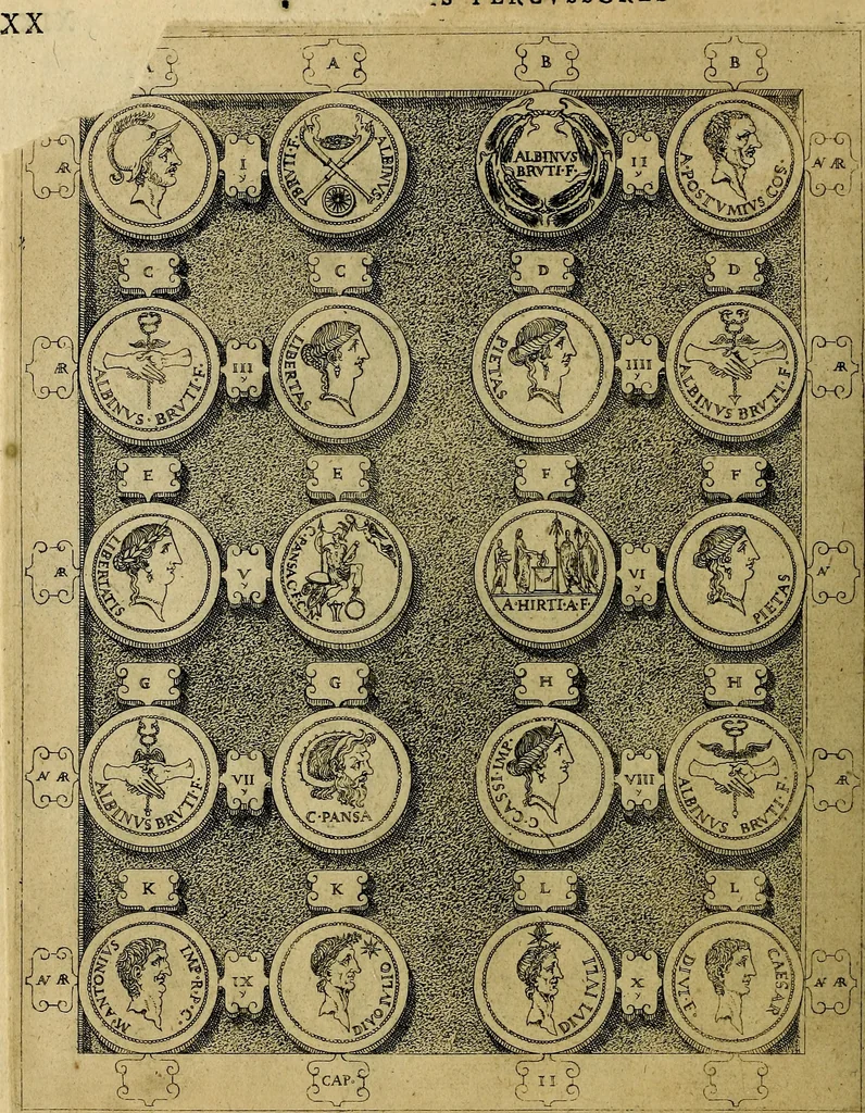 An illustration from C. Ivlivs Caesar : sive Historiae imperatorvm Caesarvmqve romanorvm ex antiqvis nvmismatibvs restitvtae liber primvs; accessit C. Ivlii Caesaris vita et res gestae, 1563, leaf 57