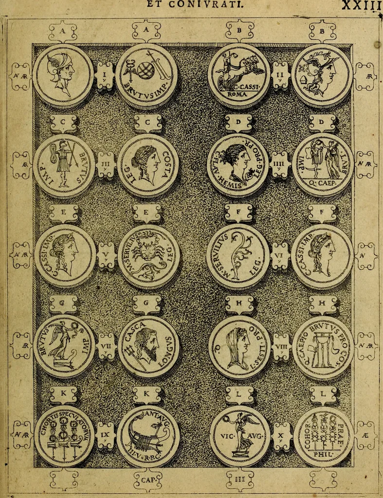 An illustration from C. Ivlivs Caesar : sive Historiae imperatorvm Caesarvmqve romanorvm ex antiqvis nvmismatibvs restitvtae liber primvs; accessit C. Ivlii Caesaris vita et res gestae, 1563, leaf 58