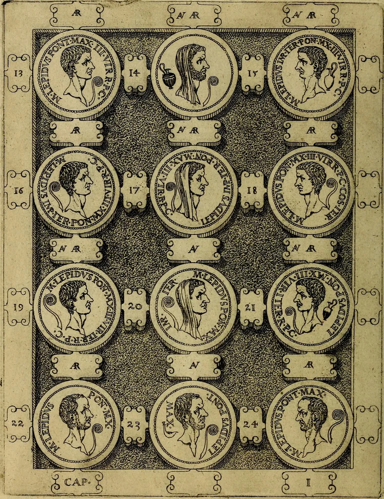 An illustration from C. Ivlivs Caesar : sive Historiae imperatorvm Caesarvmqve romanorvm ex antiqvis nvmismatibvs restitvtae liber primvs; accessit C. Ivlii Caesaris vita et res gestae, 1563, leaf 59
