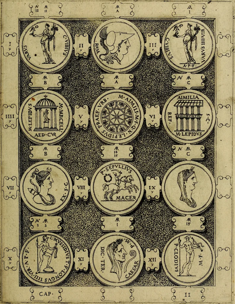 An illustration from C. Ivlivs Caesar : sive Historiae imperatorvm Caesarvmqve romanorvm ex antiqvis nvmismatibvs restitvtae liber primvs; accessit C. Ivlii Caesaris vita et res gestae, 1563, leaf 62