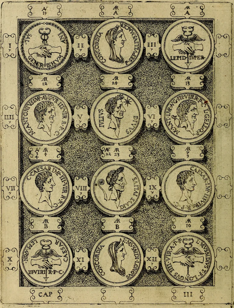 An illustration from C. Ivlivs Caesar : sive Historiae imperatorvm Caesarvmqve romanorvm ex antiqvis nvmismatibvs restitvtae liber primvs; accessit C. Ivlii Caesaris vita et res gestae, 1563, leaf 63