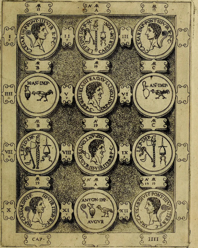 An illustration from C. Ivlivs Caesar : sive Historiae imperatorvm Caesarvmqve romanorvm ex antiqvis nvmismatibvs restitvtae liber primvs; accessit C. Ivlii Caesaris vita et res gestae, 1563, leaf 64