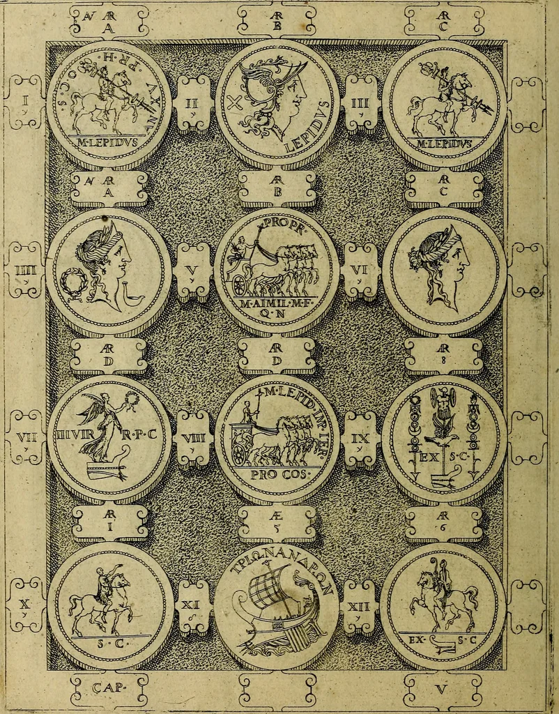 An illustration from C. Ivlivs Caesar : sive Historiae imperatorvm Caesarvmqve romanorvm ex antiqvis nvmismatibvs restitvtae liber primvs; accessit C. Ivlii Caesaris vita et res gestae, 1563, leaf 65