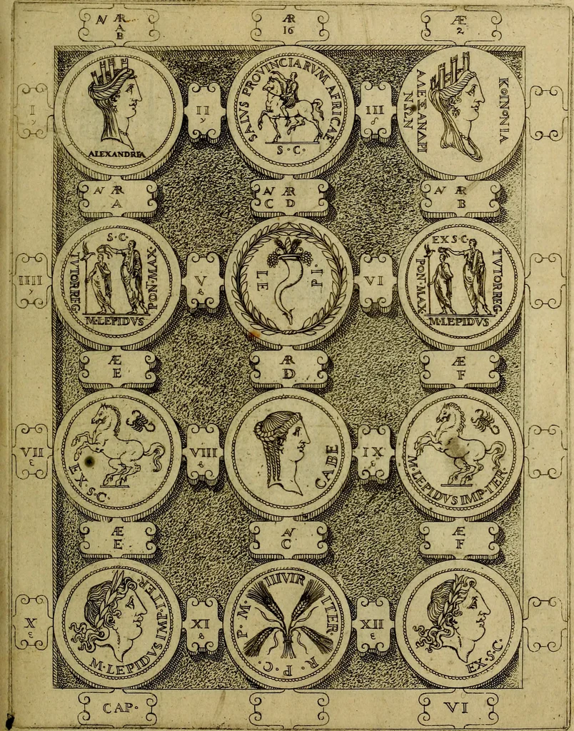 An illustration from C. Ivlivs Caesar : sive Historiae imperatorvm Caesarvmqve romanorvm ex antiqvis nvmismatibvs restitvtae liber primvs; accessit C. Ivlii Caesaris vita et res gestae, 1563, leaf 66