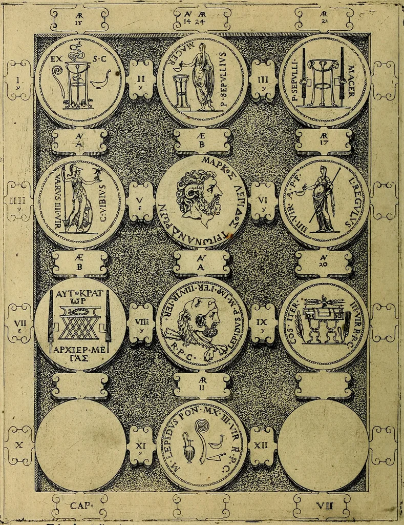 An illustration from C. Ivlivs Caesar : sive Historiae imperatorvm Caesarvmqve romanorvm ex antiqvis nvmismatibvs restitvtae liber primvs; accessit C. Ivlii Caesaris vita et res gestae, 1563, leaf 67