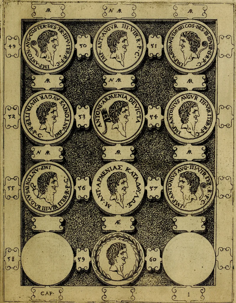 An illustration from C. Ivlivs Caesar : sive Historiae imperatorvm Caesarvmqve romanorvm ex antiqvis nvmismatibvs restitvtae liber primvs; accessit C. Ivlii Caesaris vita et res gestae, 1563, leaf 72
