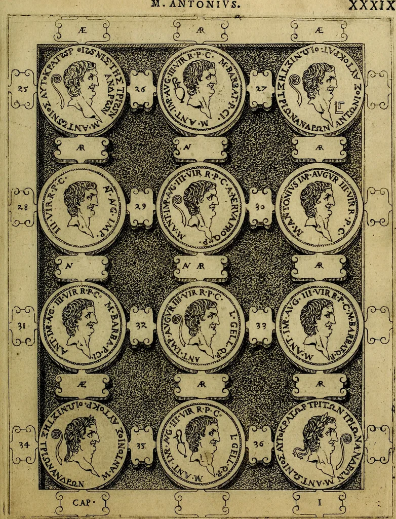 An illustration from C. Ivlivs Caesar : sive Historiae imperatorvm Caesarvmqve romanorvm ex antiqvis nvmismatibvs restitvtae liber primvs; accessit C. Ivlii Caesaris vita et res gestae, 1563, leaf 74