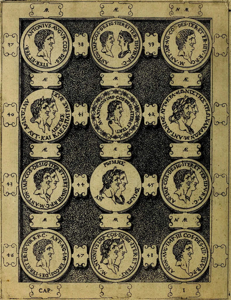 An illustration from C. Ivlivs Caesar : sive Historiae imperatorvm Caesarvmqve romanorvm ex antiqvis nvmismatibvs restitvtae liber primvs; accessit C. Ivlii Caesaris vita et res gestae, 1563, leaf 75
