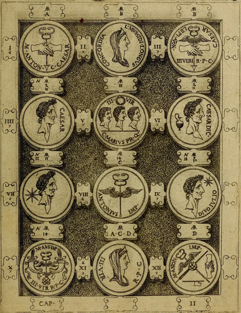 An illustration from C. Ivlivs Caesar : sive Historiae imperatorvm Caesarvmqve romanorvm ex antiqvis nvmismatibvs restitvtae liber primvs; accessit C. Ivlii Caesaris vita et res gestae, 1563, leaf 76