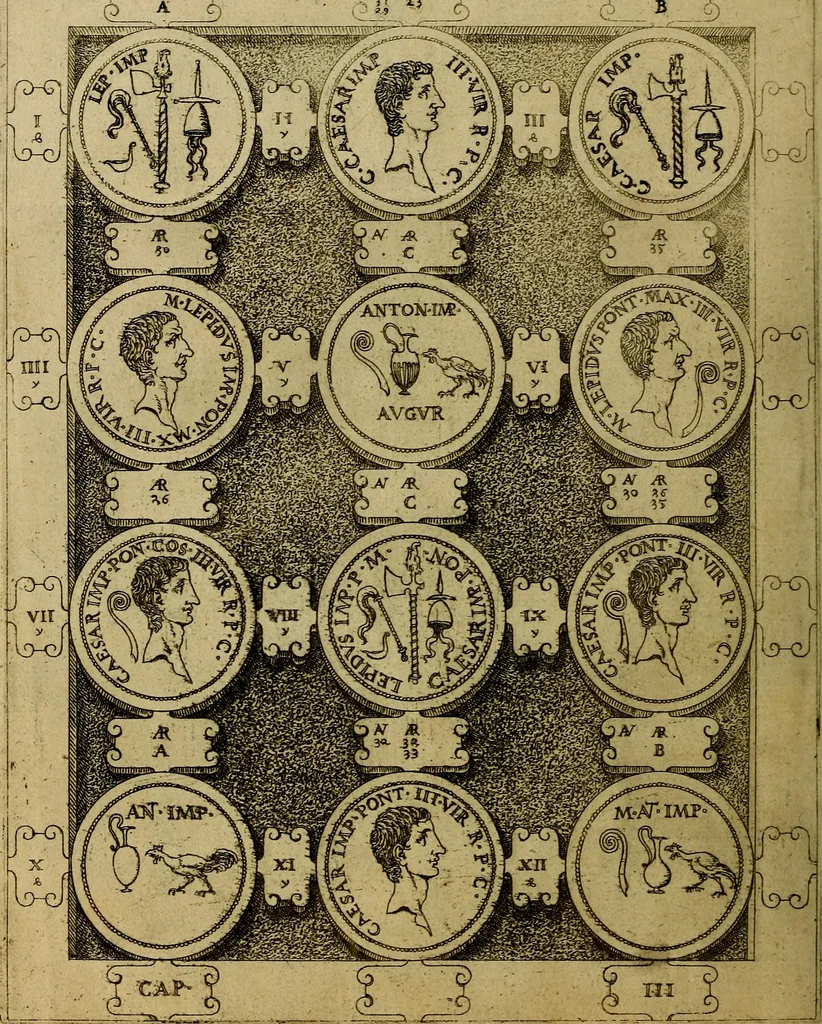 An illustration from C. Ivlivs Caesar : sive Historiae imperatorvm Caesarvmqve romanorvm ex antiqvis nvmismatibvs restitvtae liber primvs; accessit C. Ivlii Caesaris vita et res gestae, 1563, leaf 77