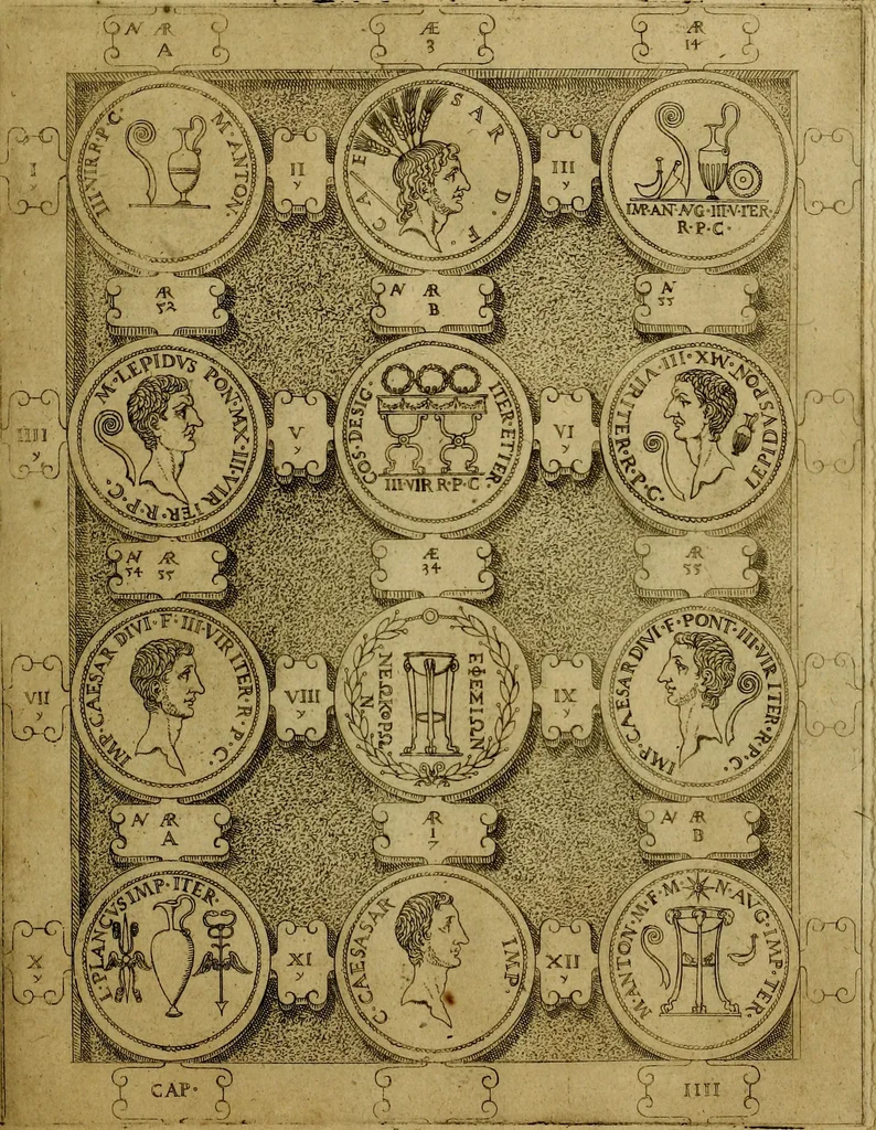 An illustration from C. Ivlivs Caesar : sive Historiae imperatorvm Caesarvmqve romanorvm ex antiqvis nvmismatibvs restitvtae liber primvs; accessit C. Ivlii Caesaris vita et res gestae, 1563, leaf 78